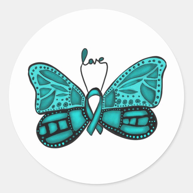 Sticker Rond Ovarian cancer teal ribbon butterfly (Devant)