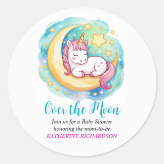 Sticker Rond Over the Moon Baby Shower – Sleeping Unicorn