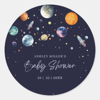 Sticker Rond Over The Moon Boy Baby Shower Invite, Space Galaxy