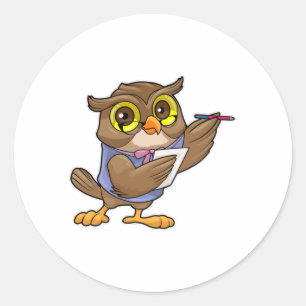 Sticker Rond Owl comme secrétaire avec stylo et note
