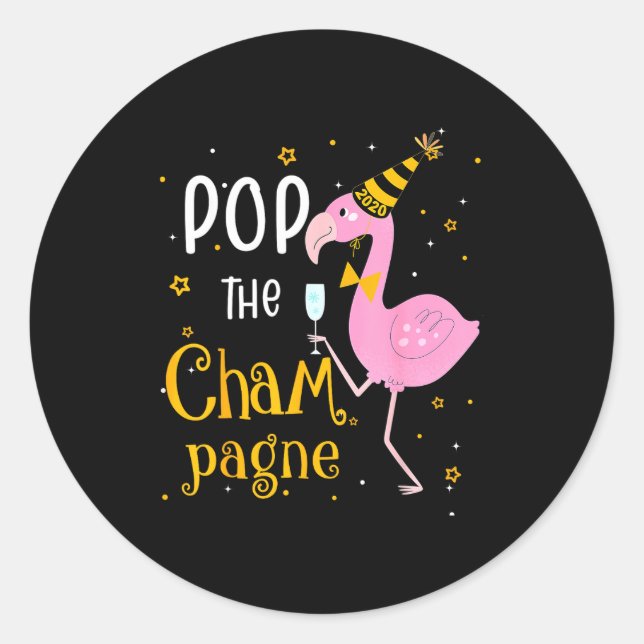 Sticker Rond P The Champagne It's New Year! Funny Flamingo Drin (Devant)
