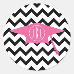 Sticker Rond Pac de graduation Monogramme rose + Chevron noir