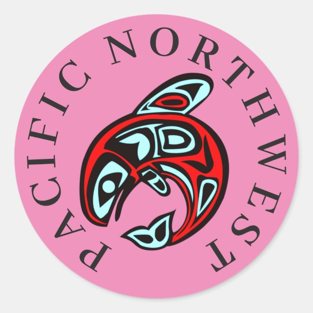 Sticker Rond Pacific Northwest Native Orca Killer Whale Pink (Devant)