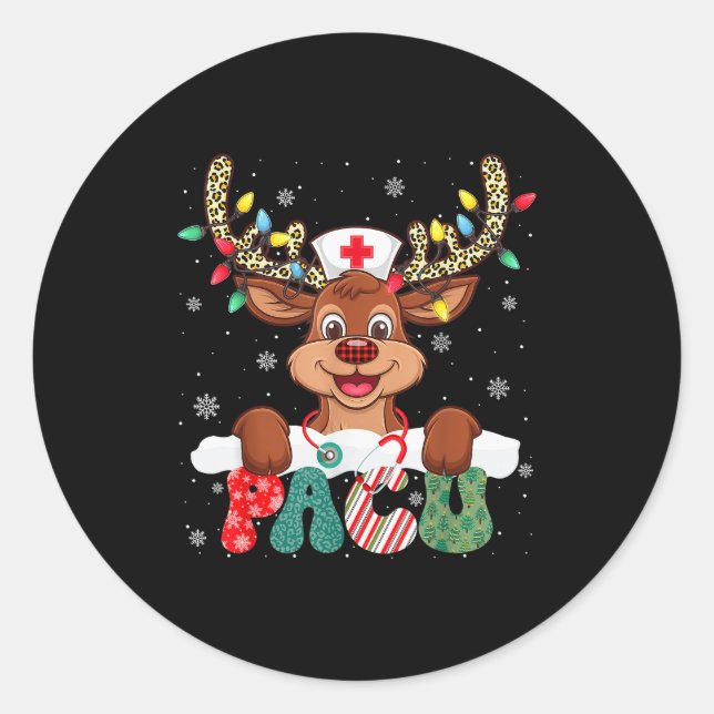 Sticker Rond Pacu Nurse Reindeer Nurse Hat Christmas Light Wome (Devant)