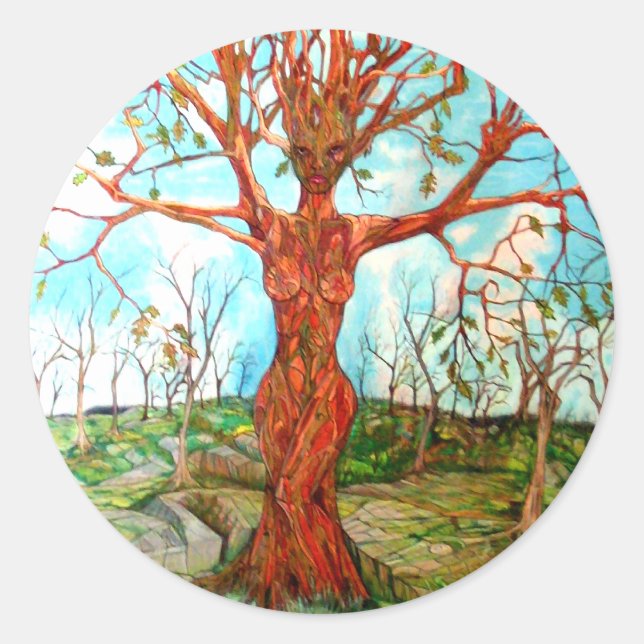 Sticker Rond Pagan Dryad Tree déesse Wiccan Nature Art (Devant)