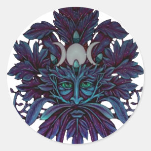 Sticker Rond Pagan Green Man Triple Lune Wiccan Dieu
