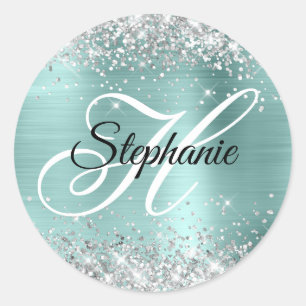 Sticker Rond Pailleté Argent Turquoise Clair Monogramme Fantais
