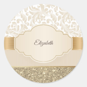 Sticker Rond Pailleté Or Élégant Damassé Vintage