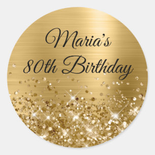 Sticker Rond Pailleté Or Feuille 80e Anniversaire
