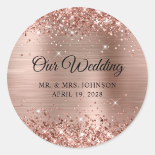 Sticker Rond Pailleté Or Rose Feuille Notre Mariage