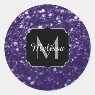 Sticker Rond Paillettes de violet ultra violet foncé Monogramme