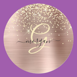 Sticker Rond Paillettes dorées, monogramme doré, nom en script