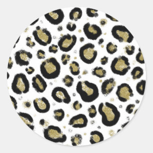 Sticker Rond Paillettes Or Blanc & Imprimé Léopard Guépard Noir