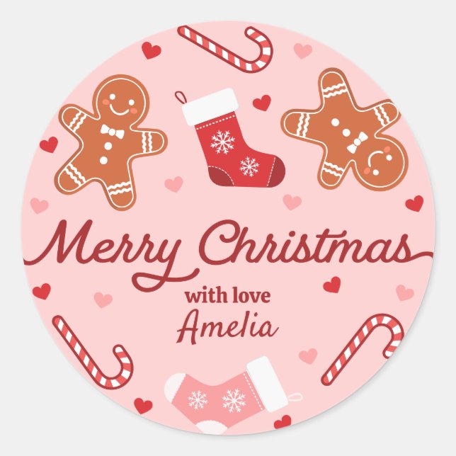 Sticker Rond Pain d'épices Candycane Bas Noël rose (Devant)