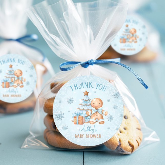 Sticker Rond Pain d'épices Homme bleu Noël Baby shower garçon (Gingerbread Man Blue Christmas Boy Baby Shower Classic Round Sticker)
