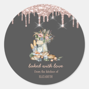Sticker Rond Pains rustiques Fleurs Drips Or Rose Boulangerie