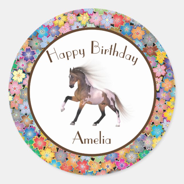 Sticker Rond Paint Horse Joyeux Anniversaire Personnalisé (Devant)