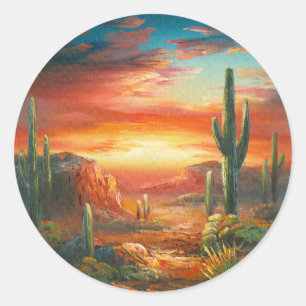 Sticker Rond Painting Of A Colorful Desert Sunset Painting
