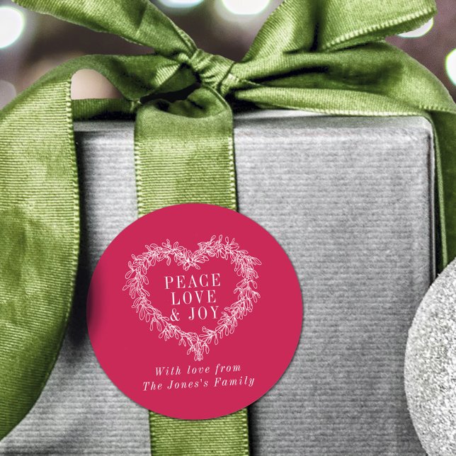 Sticker Rond Paix, amour joie mistletoe Noël blanc rouge (Créateur téléchargé)