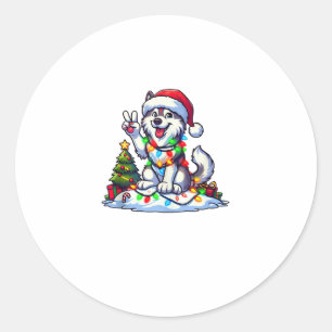 Sticker Rond Paix drôle Main Husky Lumières Noël Femmes Hommes