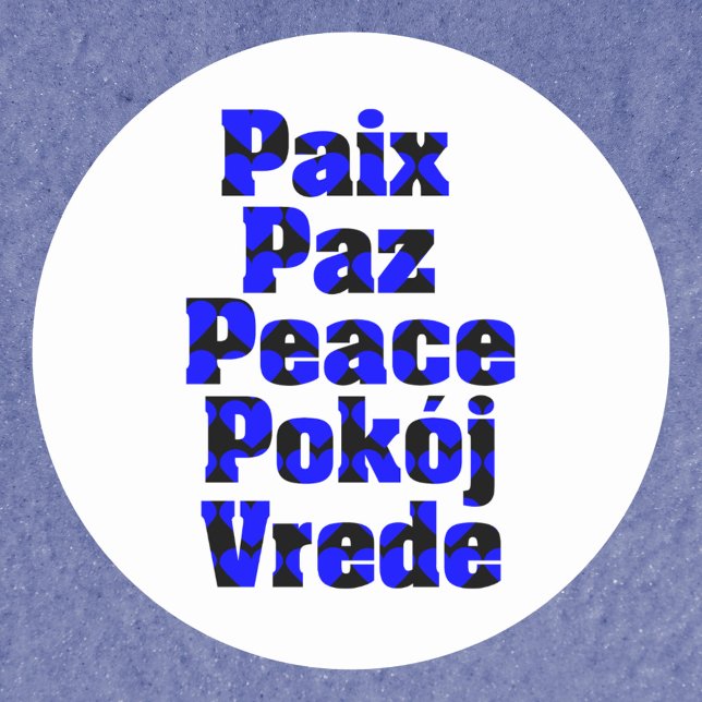 Sticker Rond Paix en langues étrangères Coeurs noirs bleus (A sticker that says peace in different languages in blue and black heart pattern)