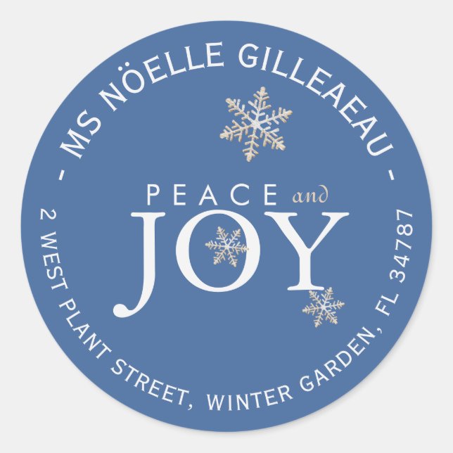 Sticker Rond PAIX et JOIE Snowflakes couvert de neige Sky Blue (Devant)