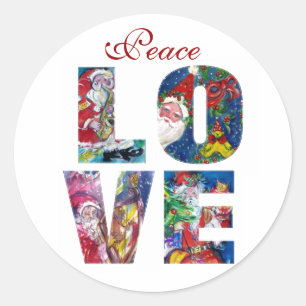 STICKER ROND PAIX - LOVE MUSICAL PÈRE NOËL XMAS CLASSIQUE ROU