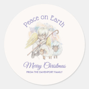 Sticker Rond Paix sur Terre Pasteur Ange avec Agneaux Noël