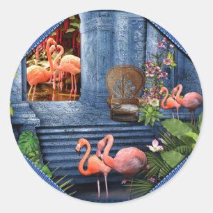 Sticker Rond Palais Tropical Vintage de Marbre Bleu