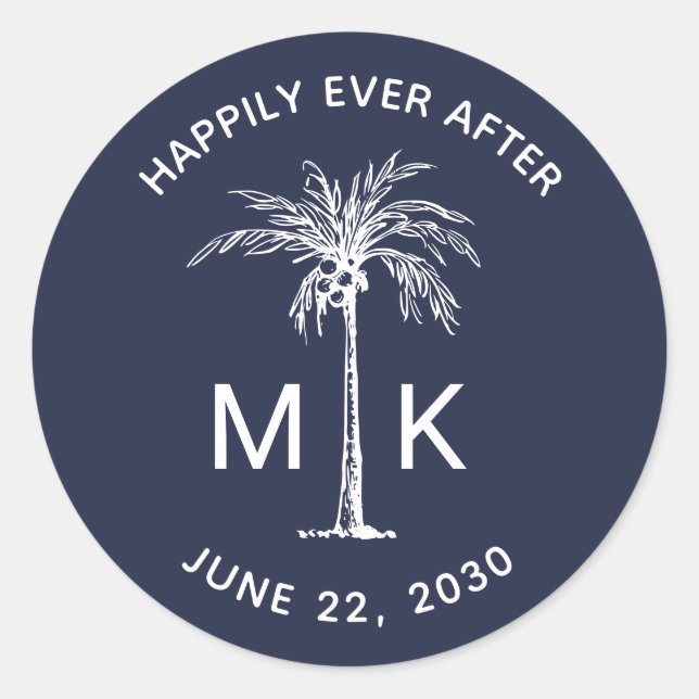 Sticker Rond Palm Tree Monogramme Marine bleu Mariage tropical (Devant)