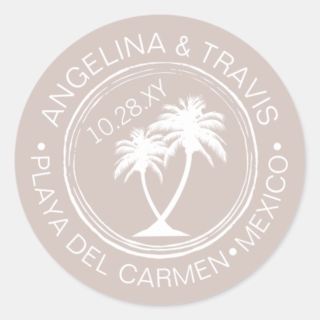 Sticker Rond Palm Tree Passport Stamp Beach Date de mariage (Devant)