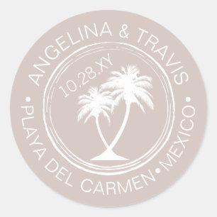 Sticker Rond Palm Tree Passport Stamp Beach Date de mariage