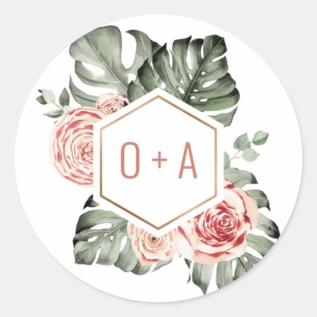 Sticker Rond Palme tropicale et Monogramme Mariage Rose (Devant)