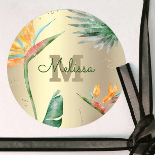 Sticker Rond Palme Tropique Moderne Monogramme Script Gold Foil