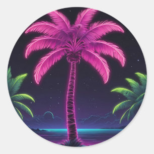Sticker Rond Palmier de néon avec Vibes rétro et lueur tropical
