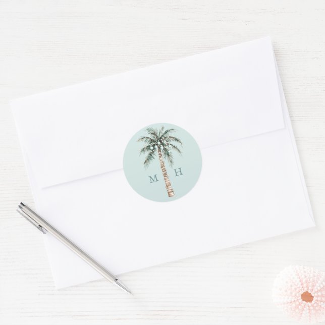 Sticker Rond Palmier de Noël | Monogramme de mariage sur la pla (Enveloppe)