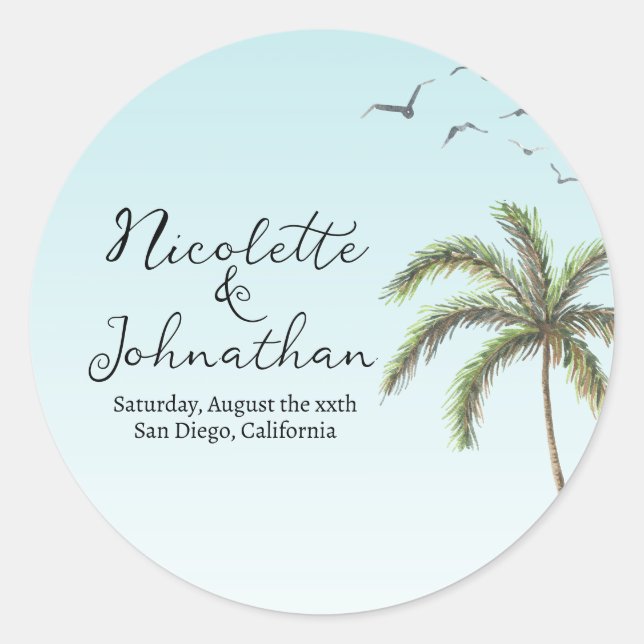 Sticker Rond Palmier et oiseaux Mariage simple plage (Devant)