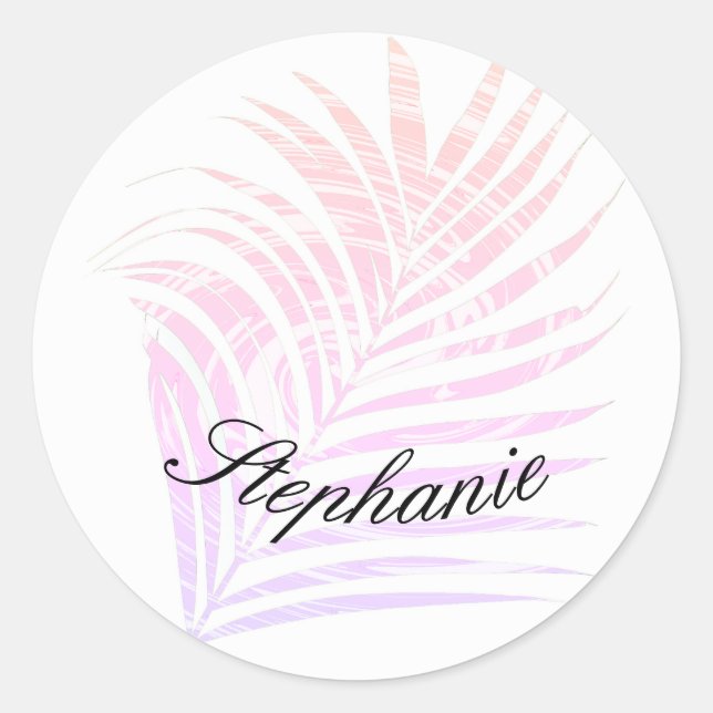 Sticker Rond Palmier Motifs Rose Tropicaux Nom Personnalisé (Devant)