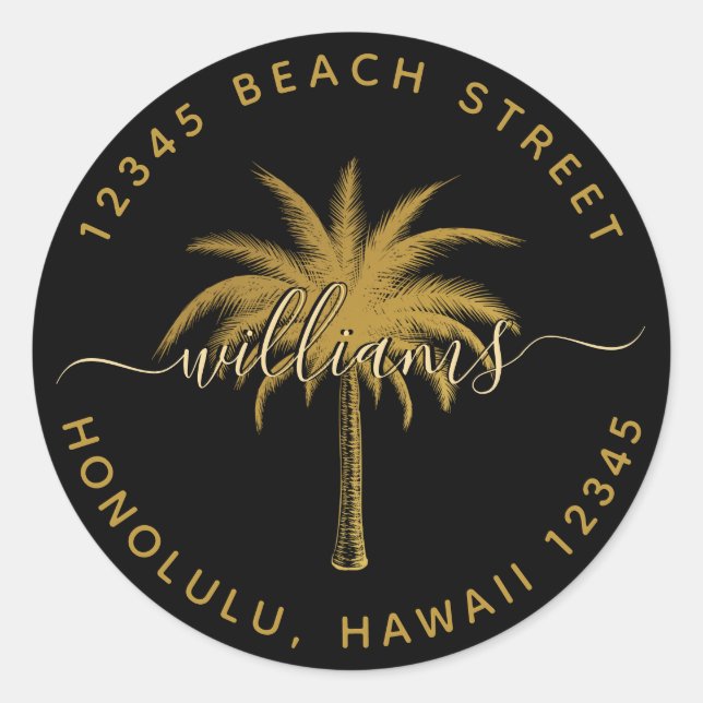Sticker Rond Palmier noir et or Adresse de retour Roun classiqu (Devant)