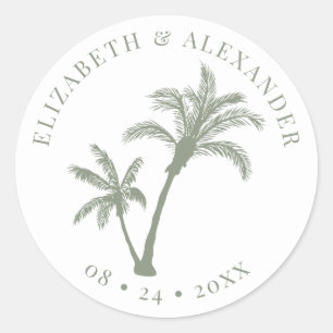 Sticker Rond Palmier Plage Tropicale Mariage Vert Sauge