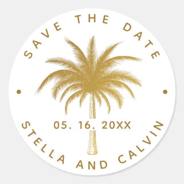 Sticker Rond Palmier Tropical Gold Sauvegarder La Date (Devant)