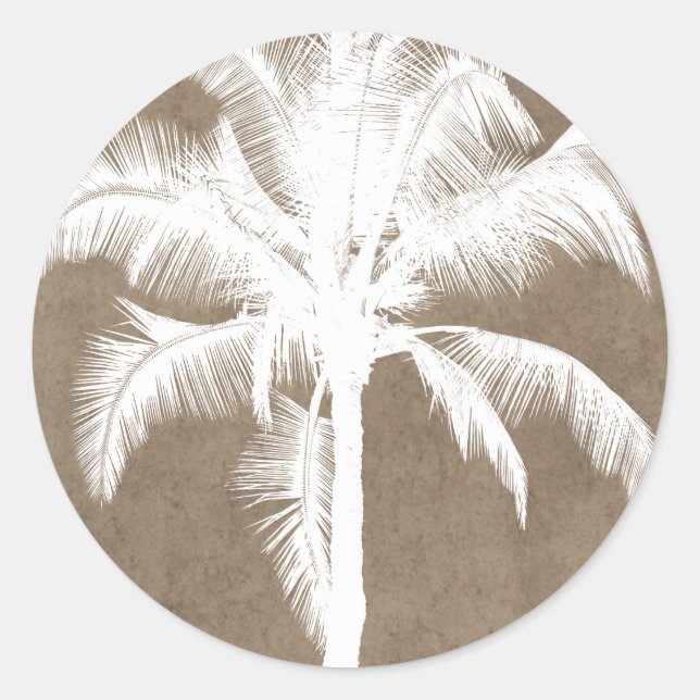 Sticker Rond Palmier Tropical Hawaiien Rétro Silhouette Blanc (Devant)
