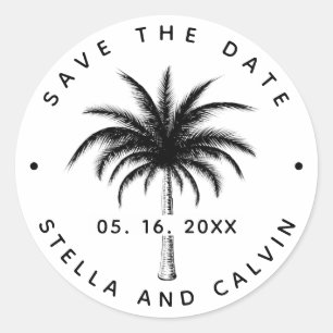 Sticker Rond Palmier Tropical Noir Enregistrer La Date Classic 
