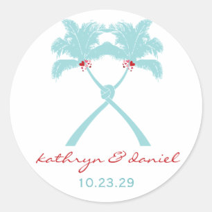 Sticker Rond Palmiers noués Coeurs Plage tropicale Mariage