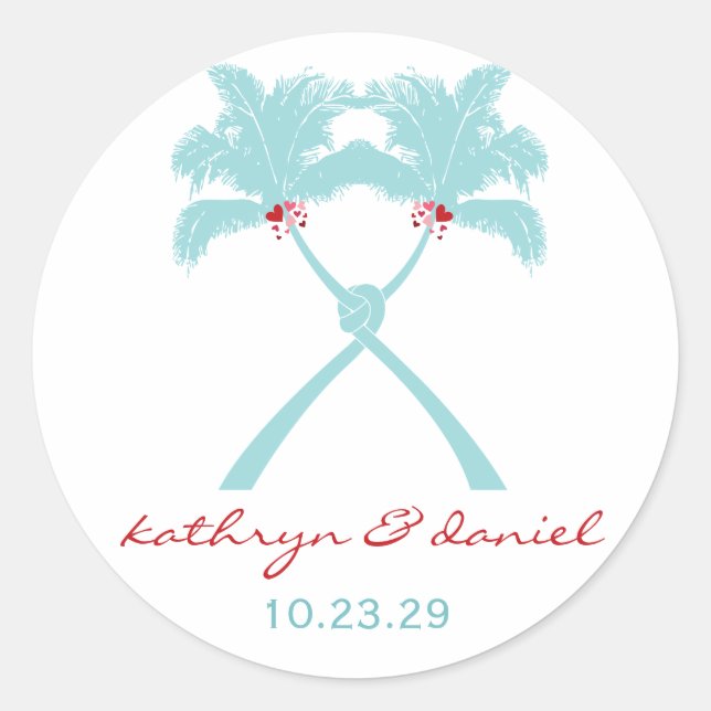 Sticker Rond Palmiers noués Coeurs Plage tropicale Mariage (Devant)