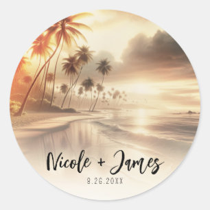 Sticker Rond Palmiers & Orange Sunset Beach Mariage