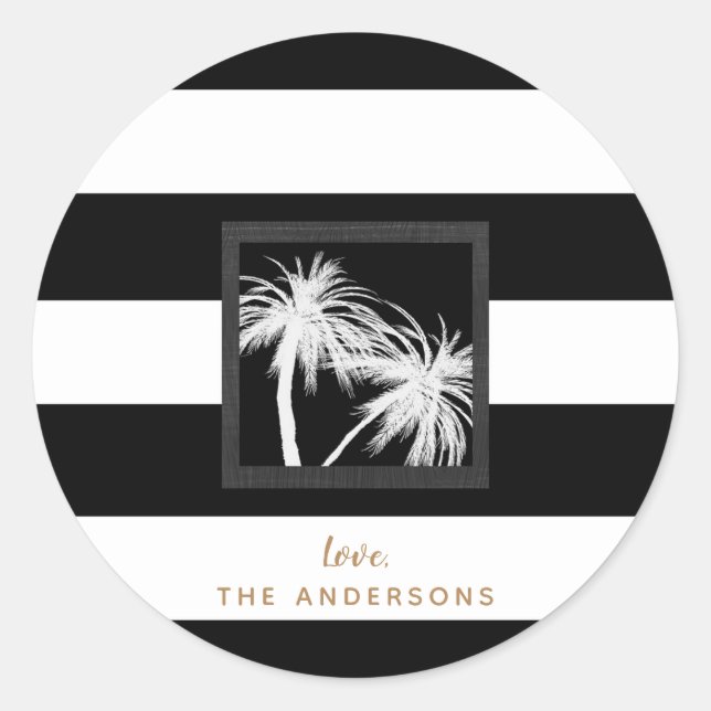 Sticker Rond Palmiers tropicaux noirs et blancs Mariage moderne (Devant)