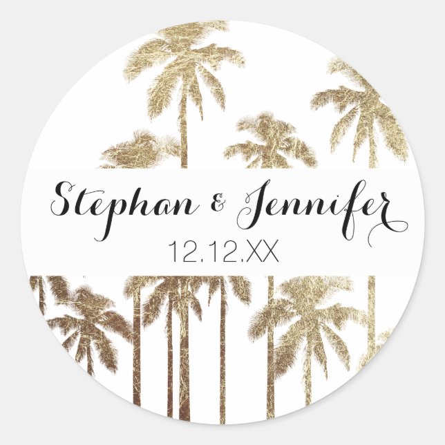 Sticker Rond Palmiers tropicaux or glamour sur blanc (Devant)