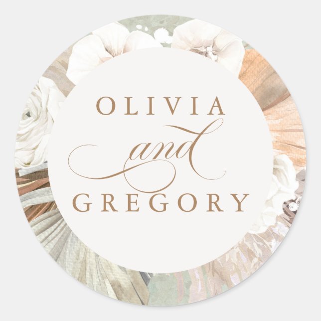 Sticker Rond Pampas Grass et Fleurs blanches Mariage Boho (Devant)