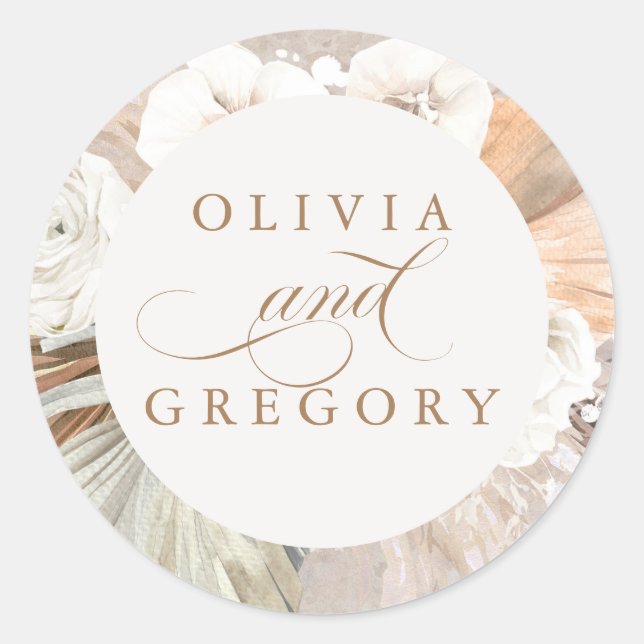 Sticker Rond Pampas Grass et Fleurs blanches Mariage Boho (Devant)